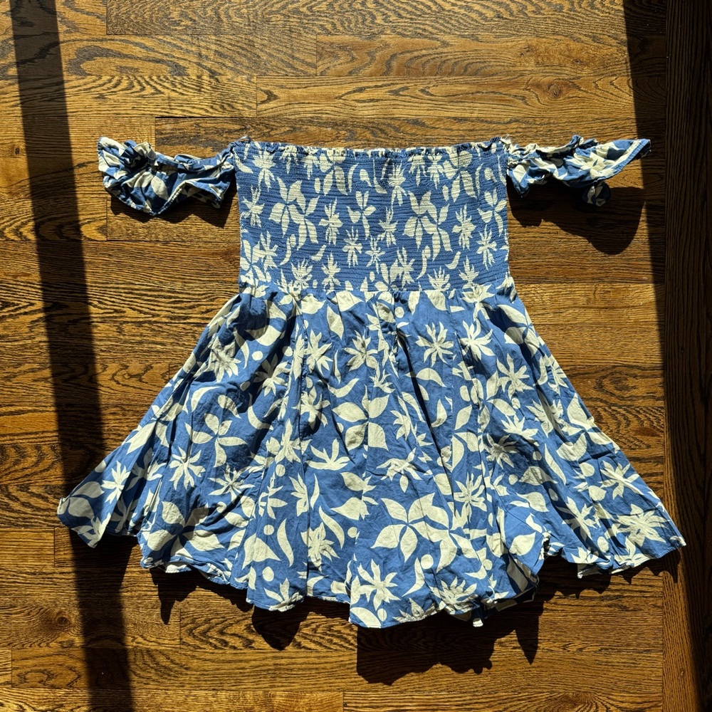 Zara Tropical Floral Off-Shoulder Blue and Cream Ruffle Romper L